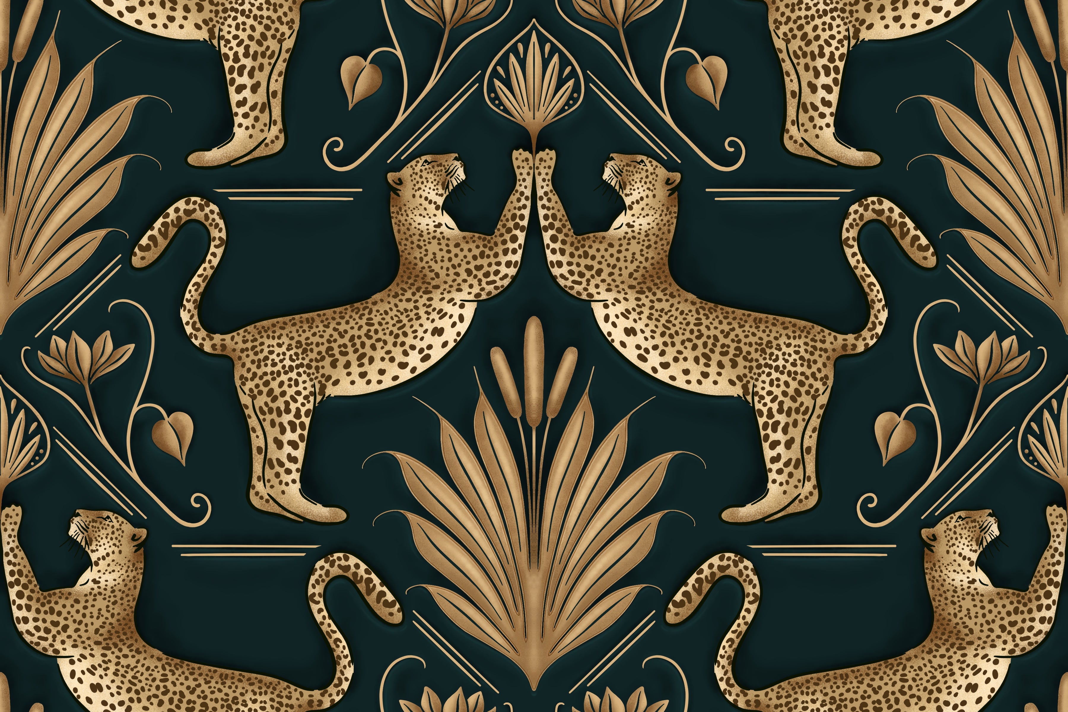Decorative pattern with leopards and foliage on a dark background